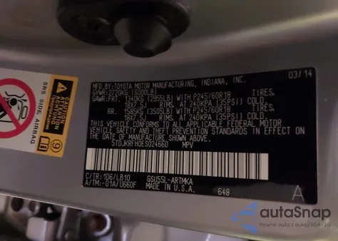 2014 Toyota Highlander Xle V6 из США, поврежденный, VIN 5TDJKRFH0ES024660